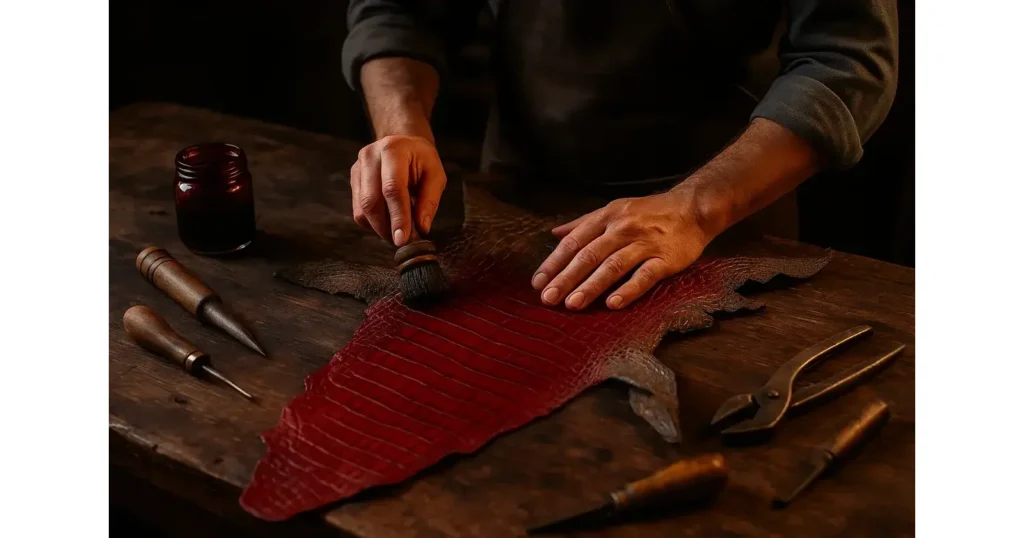 a craftsman hand-dyeing exotic crocodile leather with rich colors