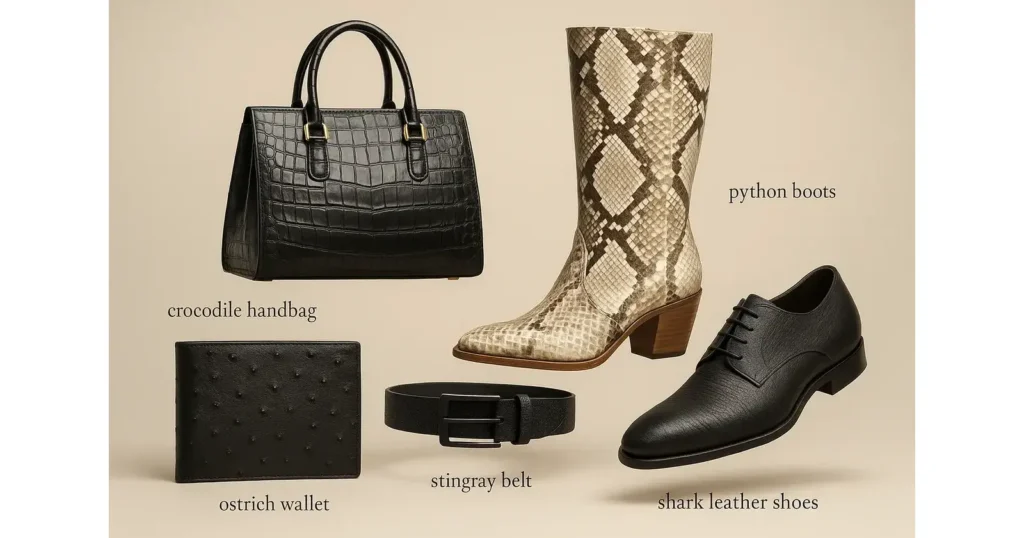 crocodile handbag, python boots, ostrich wallet, stingray belt, shark leather shoes