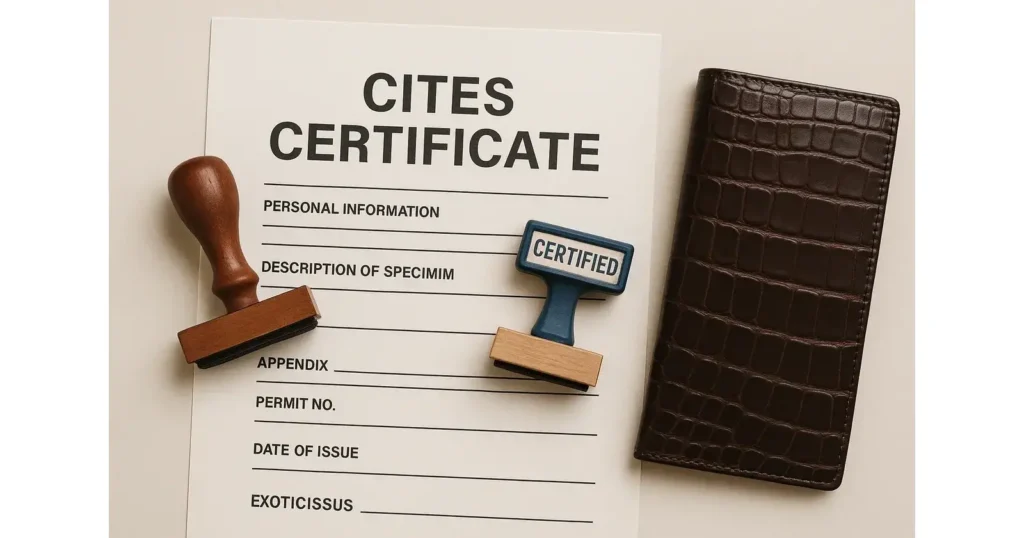 CITES certificate papers, official stamps, and a luxury exotic leather wallet beside them